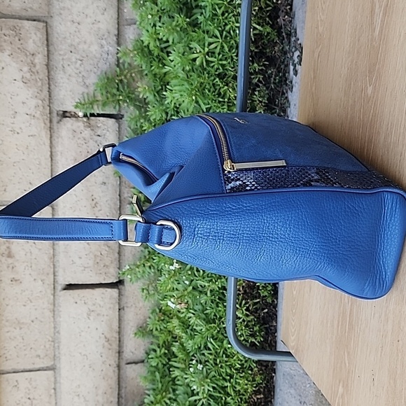 KATE SPADE blue Pebble Leather Suede Snakeskin detail top handle satchel bag - Picture 5 of 14